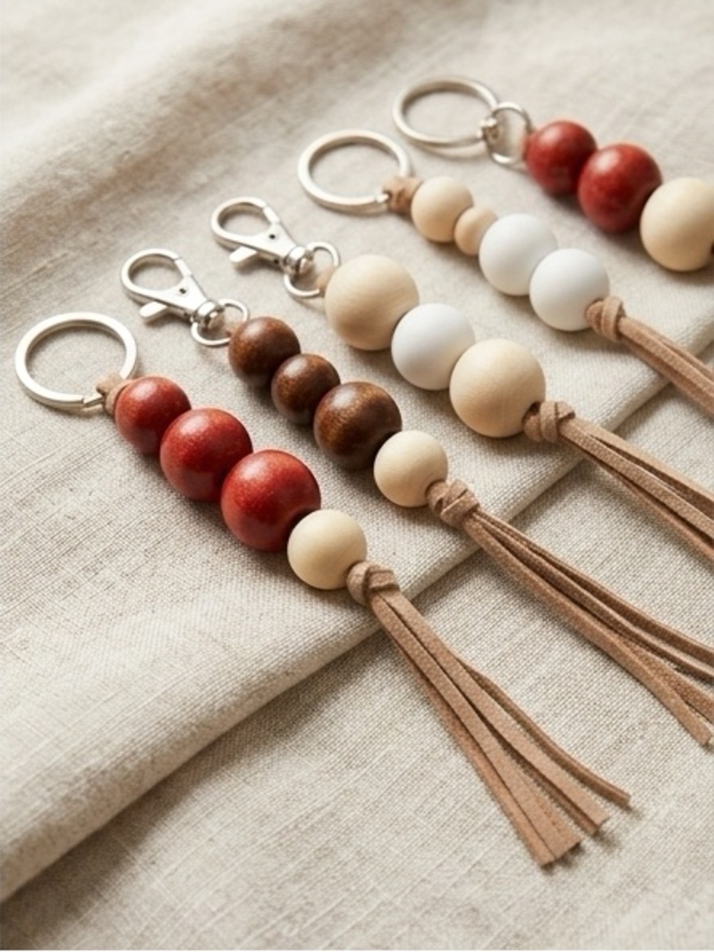 Handmade Minimalist Wood Bead Keychain with Suede Tassel | Individual Key Ring - Picture 2 of 3